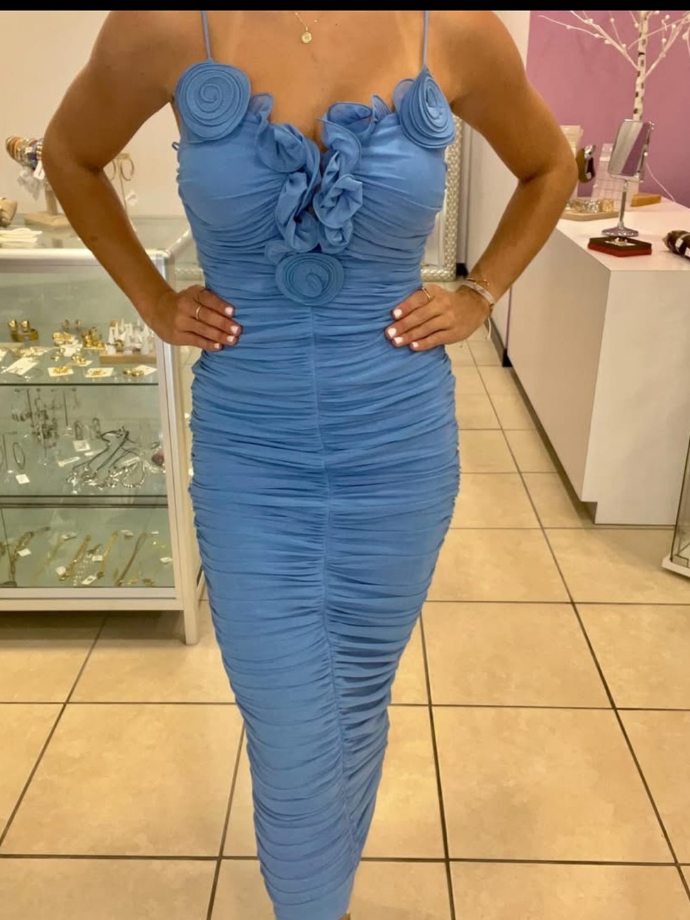Blue Ruched Midi Dress with Floral Accent